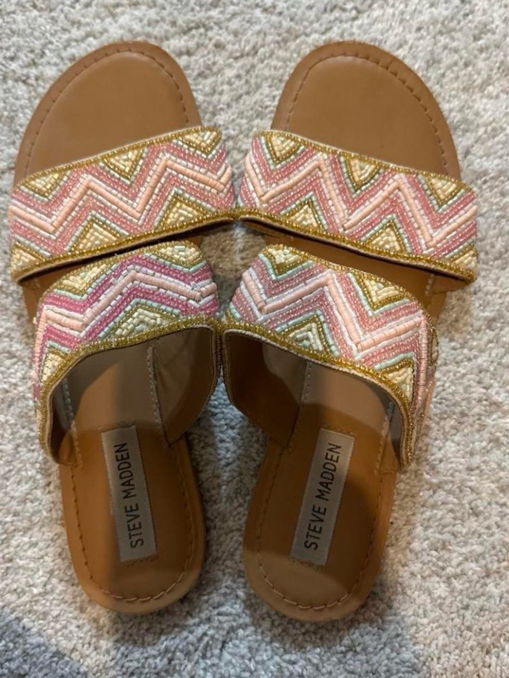 Steve Madden Tan Slide Sandals with Pink, Gold & Mint Beaded Chevron Straps